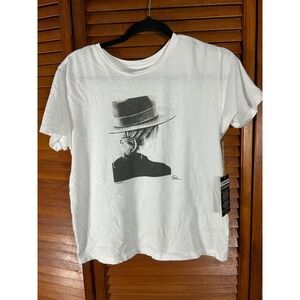 CPRESS STUDIO Women White Graphic Tee Shirt Cindy Press Art Hat Print Medium NWT